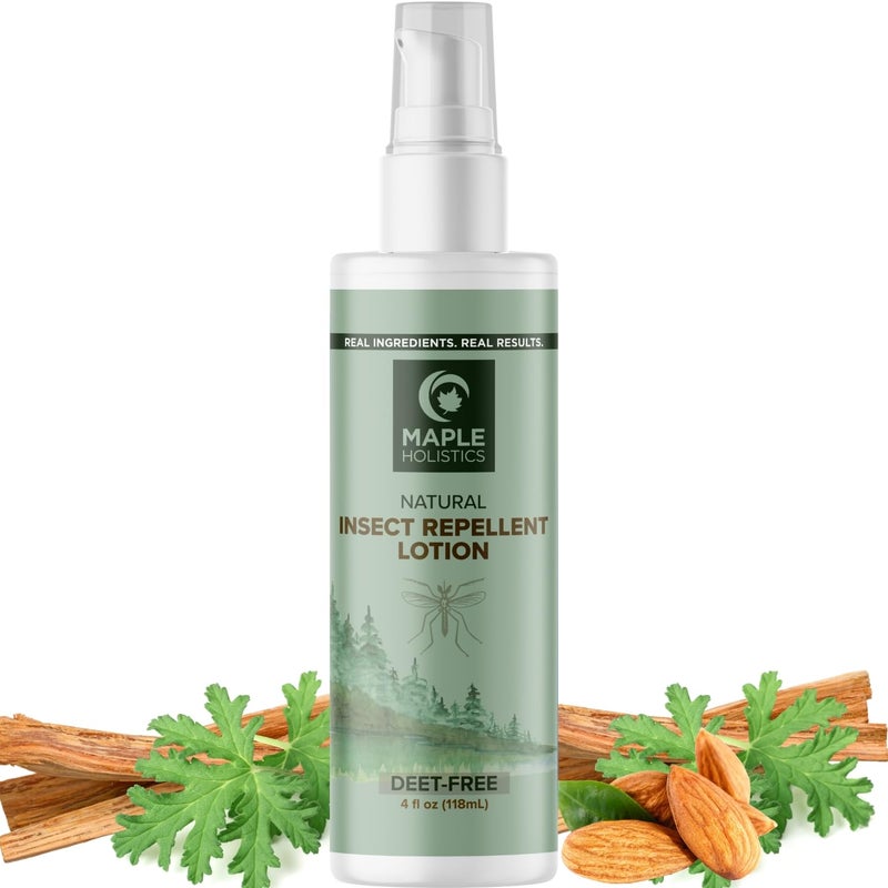 Maple Holistics لوسيون طارد الحشرات للبالغين والأطفال - لوسيون طارد حشرات خالي من DEET للقراد والبعوض - مصنوع من السترونيلا وعشب الليمون - مختبر من قبل أطباء الجلد - رائحة خفيفة نباتية وخالية من القسوة (4 أونصات) - Image 1